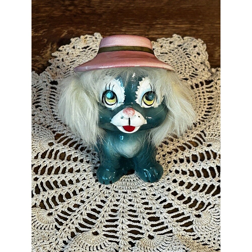 KREISS 1950s Teal Dog Hat Fuzzy Hair Jewel Eyes Anthropomorphic Kitschy Figurine